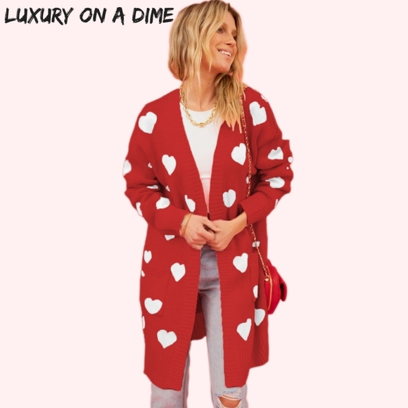 Luxury on a Dime Sweaters - Contrasting Heart Knit Open Front Longline Pocket Sweater Cardigan Valentine
